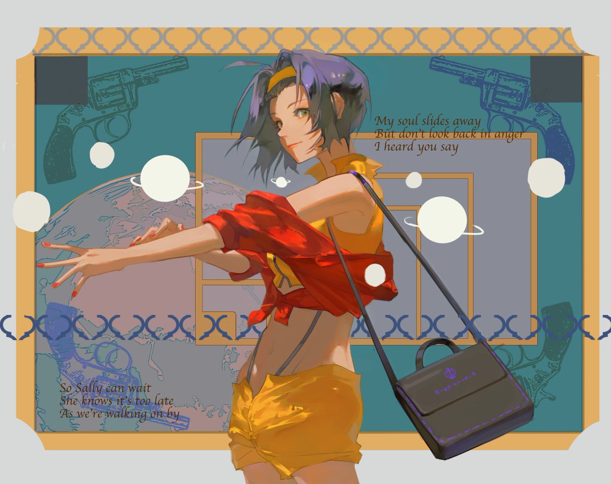 1girl, cowboy_bebop, english_text, faye_valentine, green_eyes, gun, hairband, lipstick