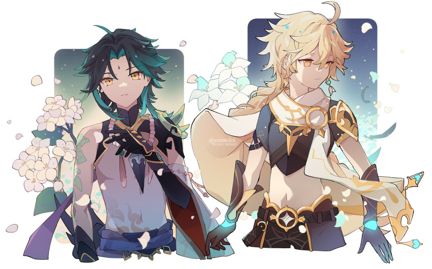 2boys, aether_(genshin_impact), aqua_hair, arm_tattoo, bangs, bead_necklace, beads, black_hair