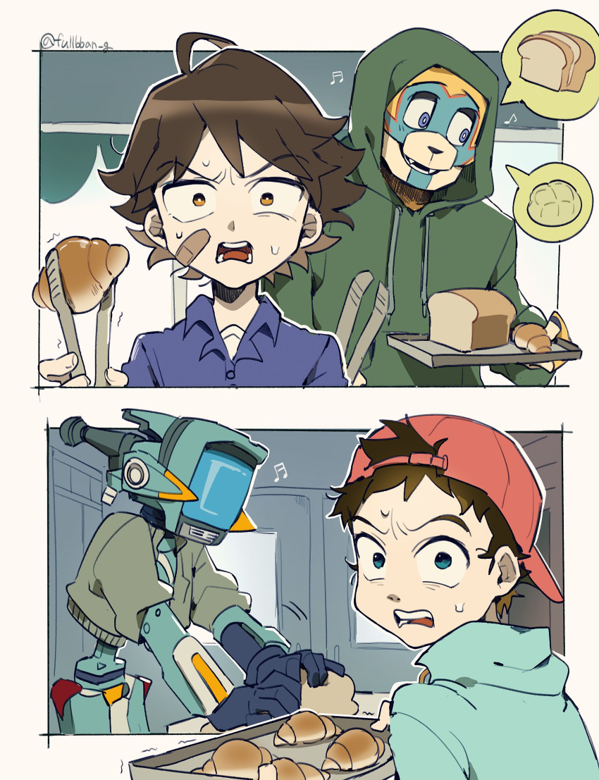 absurdres, bakery, bandaid, bandaid_on_cheek, bandaid_on_face, blue_eyes, bread, bread_bun