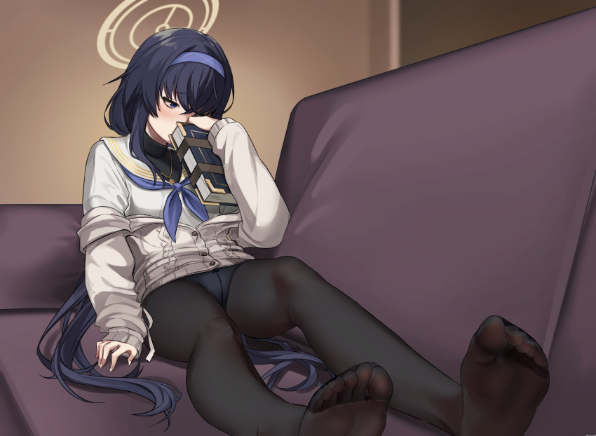 1girl, black_legwear, blue_archive, blue_eyes, blue_hair, blush, book, breasts, cardigan, couch, crotch_seam, embarrassed, eyebrows_behind_hair, feet, foreshortening, hairband, halo, highres, indoors, jewelry, kekek, long_hair, looking_away, necklace, no_pants, off_shoulder, panties, panties_under_pantyhose, pantyhose, sailor_collar, sailor_shirt, shirt, sidelocks, sleeves_past_wrists, small_breasts, solo, toes, turtleneck, ui_(blue_archive), underwear, very_long_hair