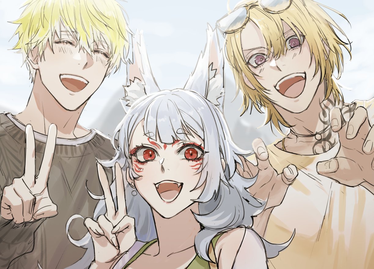 1girl, 2boys, animal_ears, bangs, blonde_hair, blue_eyes, brown_sweater, claw_pose