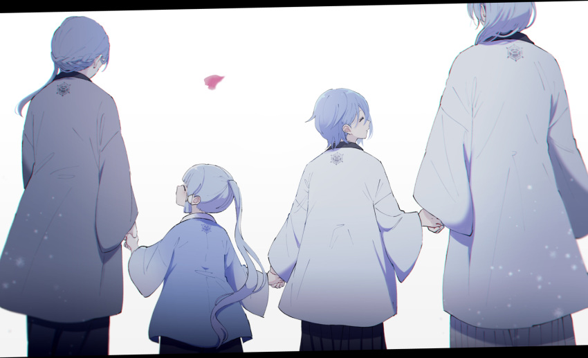 2boys, 2girls, bangs, blue_hair, brother_and_sister, closed_eyes, commentary_request, family, family_crest, father_and_daughter, father_and_son, from_behind, genshin_impact, holding_hands, husband_and_wife, kamisato_ayaka, kamisato_ayato, kamisato_kayo, long_sleeves, mother_and_daughter, mother_and_son, multiple_boys, multiple_girls, ponytail, siblings, sidelocks, urooooboe, wide_sleeves