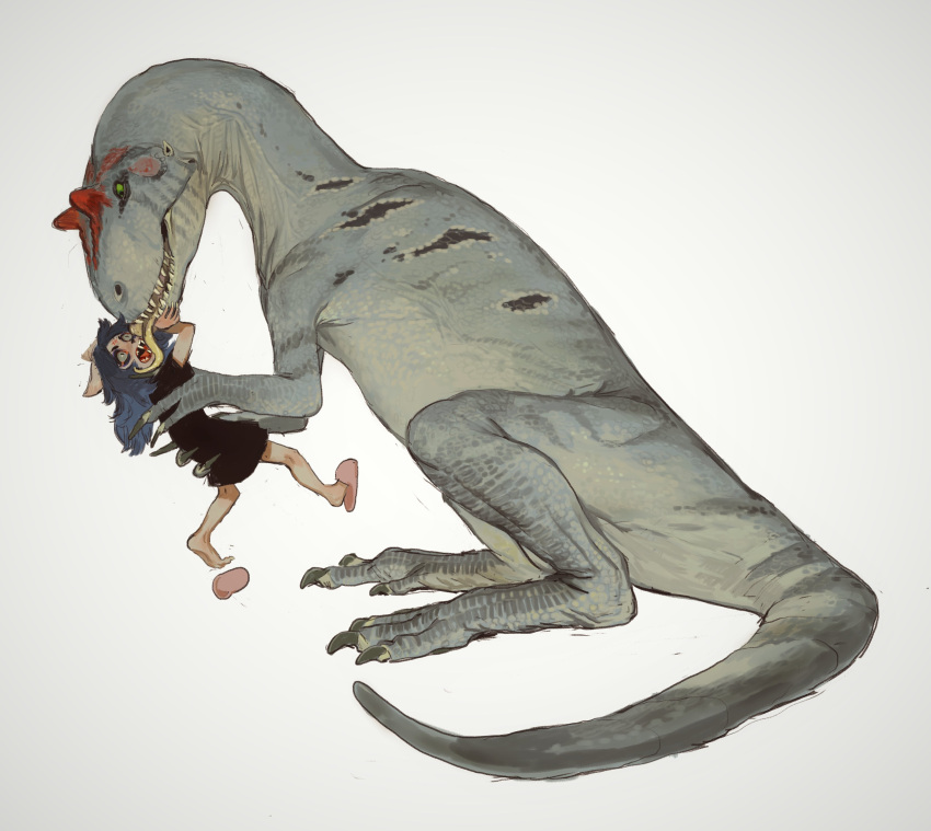 1girl, absurdres, allosaurus, animal_ears, black_dress, blue_hair, child, claire_d'lune, dinosaur, dress, furry, furry_female, highres, holding_person, licking, licking_another's_face, mossacannibalis, open_mouth, shoe_loss, simple_background, sitting, slippers, the_summoning, white_background, wide-eyed