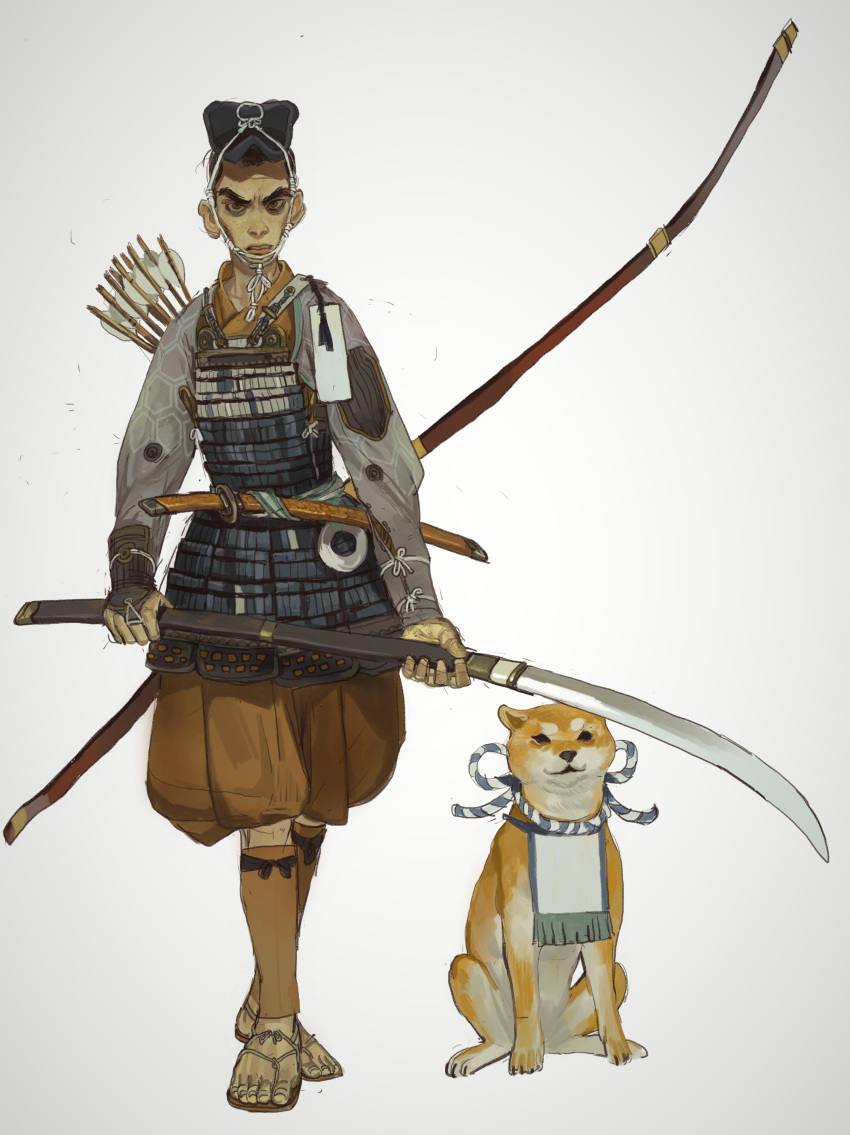 1boy, absurdres, armor, arrow_(projectile), bow_(weapon), breastplate, brown_shorts, commentary