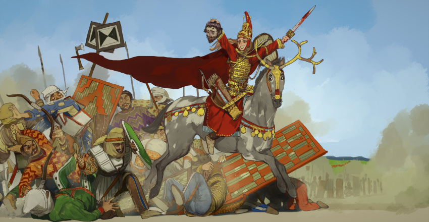1girl, 6+boys, absurdres, armor, army, arrow_(projectile), banner, barding