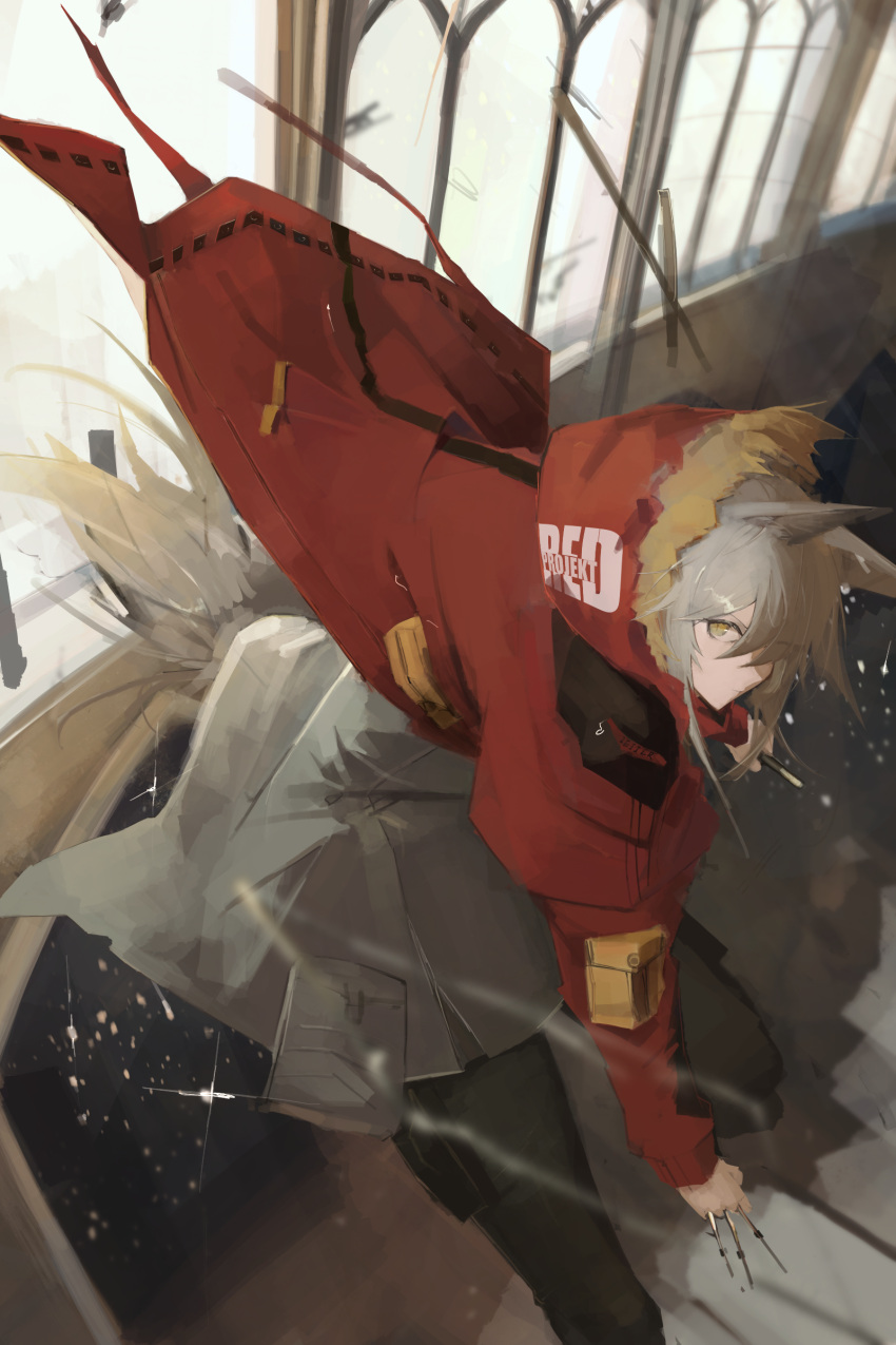 1girl, absurdres, animal_ears, arknights, bangs, between_fingers, black_pants, character_name