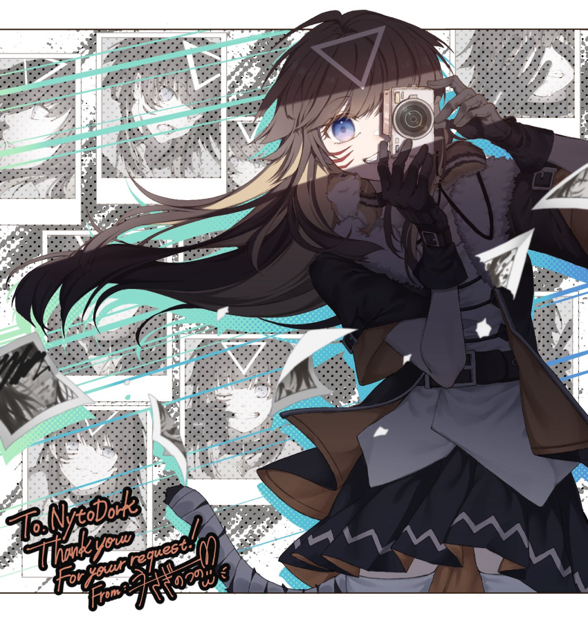 1girl, belt, belt_buckle, buckle, camera, commission, fur-trimmed_jacket, fur_trim