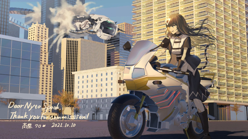 1girl, bicycle, broken, building, city, collar, commission, debris