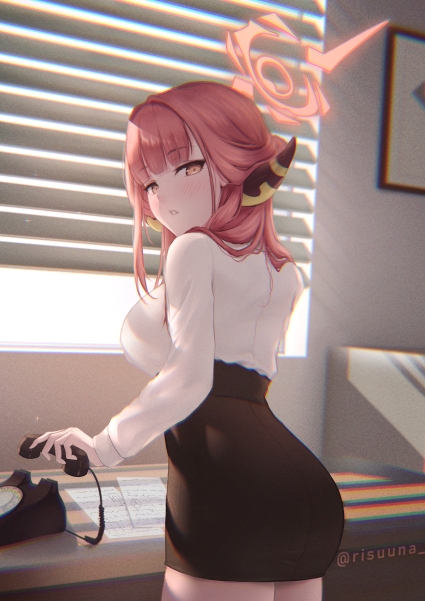 1girl, absurdres, aru_(blue_archive), bangs, black_skirt, blue_archive, breasts, desk