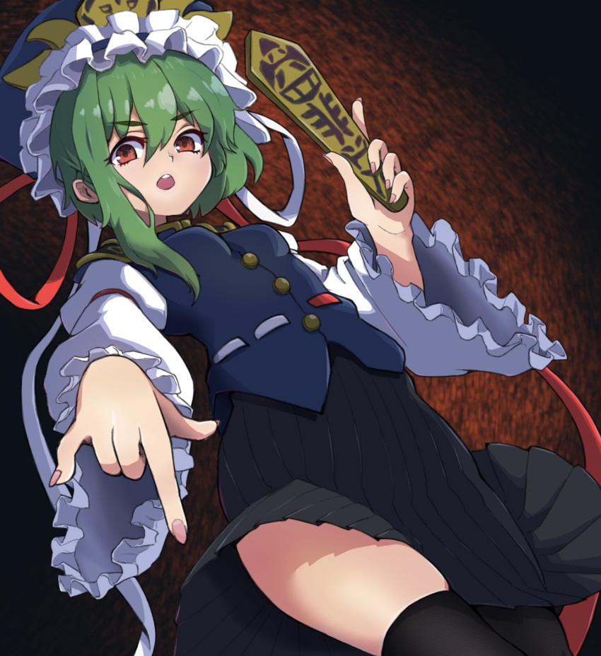 1girl, alternate_eye_color, asymmetrical_hair, bangs, black_skirt, blue_headwear, blue_vest, bow, breasts, commentary_request, cowboy_shot, dutch_angle, eyebrows_visible_through_hair, frilled_hat, frills, green_hair, hair_between_eyes, hat, highres, holding, kenoko, long_sleeves, looking_at_viewer, medium_hair, open_mouth, pink_nails, pointing, pointing_at_viewer, red_bow, red_eyes, rod_of_remorse, shiki_eiki, shirt, skirt, sleeve_bow, small_breasts, solo, touhou, vest, white_bow, white_shirt, wide_sleeves