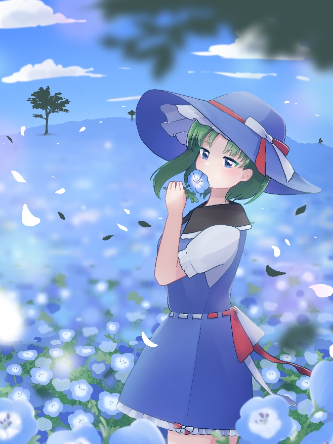 1girl, adapted_costume, asymmetrical_hair, bangs, blue_dress, blue_eyes, blue_flower, blue_headwear