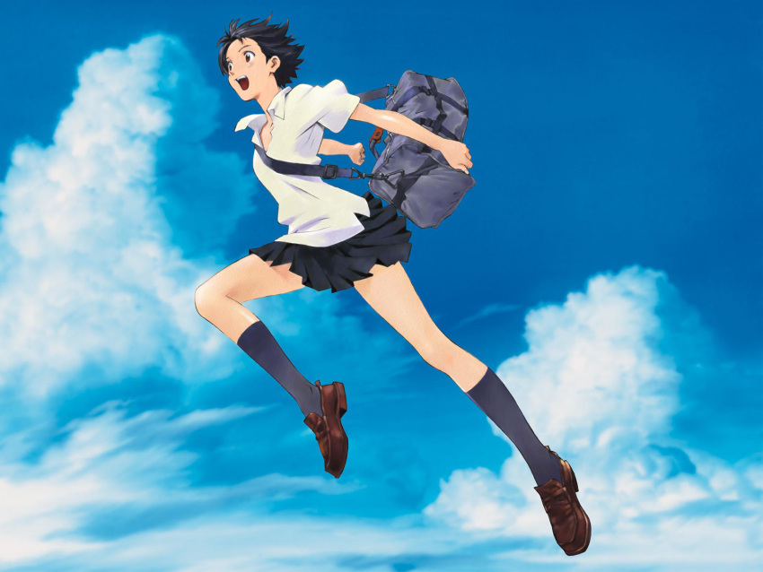 1girl, bag, black_hair, blue_sky, brown_eyes, cloud, jpeg_artifacts, jumping