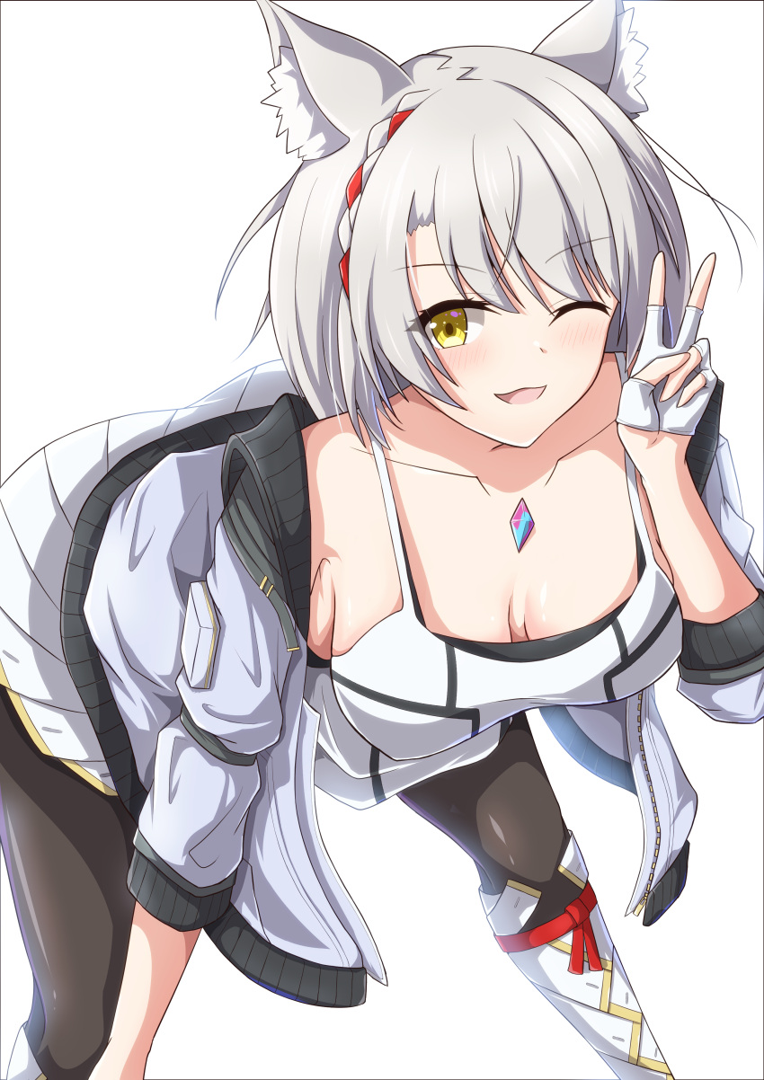 1girl, absurdres, breasts, camisole, chest_jewel, highres, jacket, leaning_forward, leggings, light_xion, mio_(xenoblade), shoulder_strap, small_breasts, solo, tank_top, white_camisole, white_jacket, white_tank_top, xenoblade_chronicles_(series), xenoblade_chronicles_3