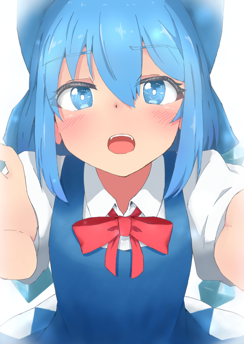 1girl, absurdres, bloom, blue_eyes, blue_hair, blush, bow, cirno