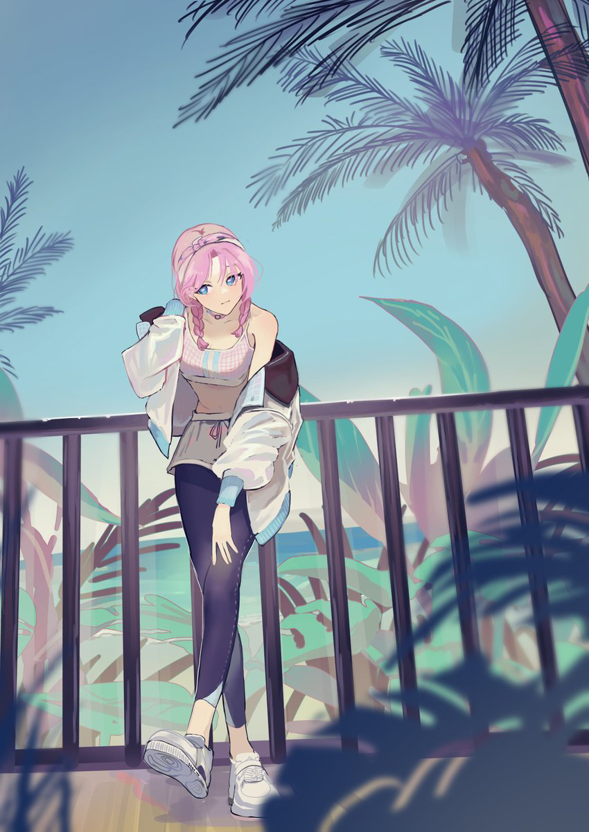 1girl, arknights, black_pants, blue_eyes, blue_poison_(arknights), blue_poison_(shoal_beat)_(arknights), blue_sky, braid