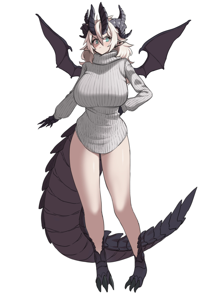 1girl, blonde_hair, blush, breasts, claws, dragon_girl, dragon_horns, dragon_tail
