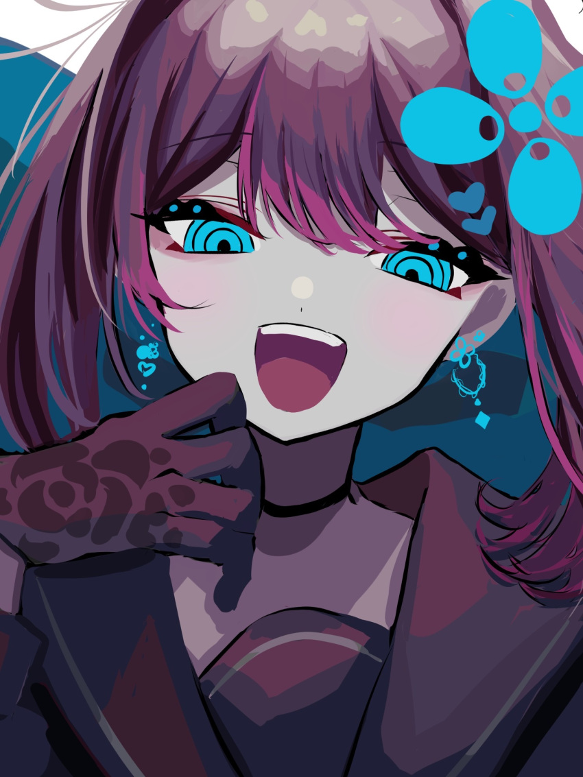 1girl, :d, ahute, bangs, blue_eyes, blush, bow, choker, earrings, flower, gloves, hair_bow, hair_intakes, hair_ornament, half-closed_eyes, heart, heart_hair_ornament, highres, jewelry, large_bow, looking_at_viewer, multicolored_hair, ojou-sama_pose, open_mouth, original, pink_hair, purple_hair, school_uniform, serafuku, smile, smug, solo, two-tone_hair