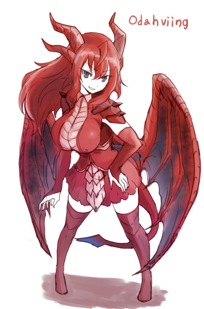 1girl, armor, armored_dress, blue_eyes, breasts, dragon, dragon_girl, genderswap, genderswap_(mtf), horns, large_breasts, miniskirt, monster_girl, odahving, okamura_(okamura086), personification, redhead, skirt, solo, spikes, tail, the_elder_scrolls, the_elder_scrolls_v:_skyrim, thigh-highs, white_background, wings