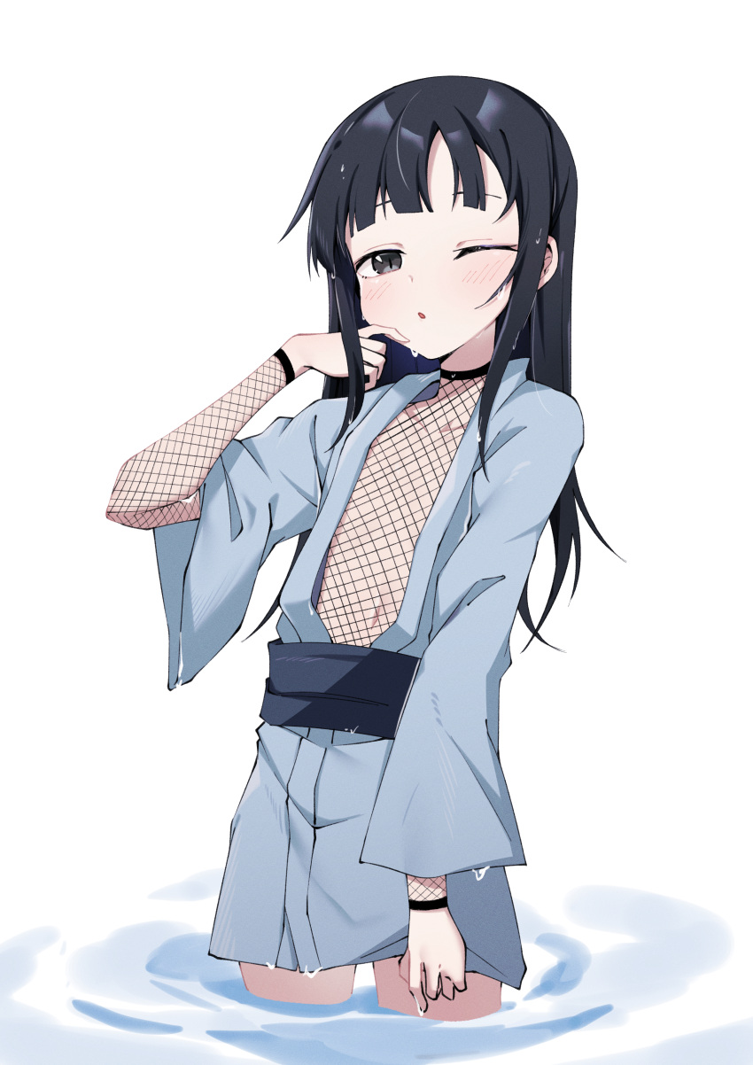 1girl, absurdres, bangs, black_eyes, black_hair, blue_kimono, blunt_bangs, blush