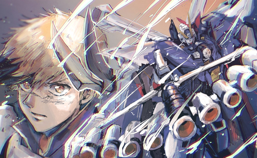 1boy, blonde_hair, crossbone_gundam, crossbone_gundam_x-1_full_cloth, green_eyes, gun, gundam, highres