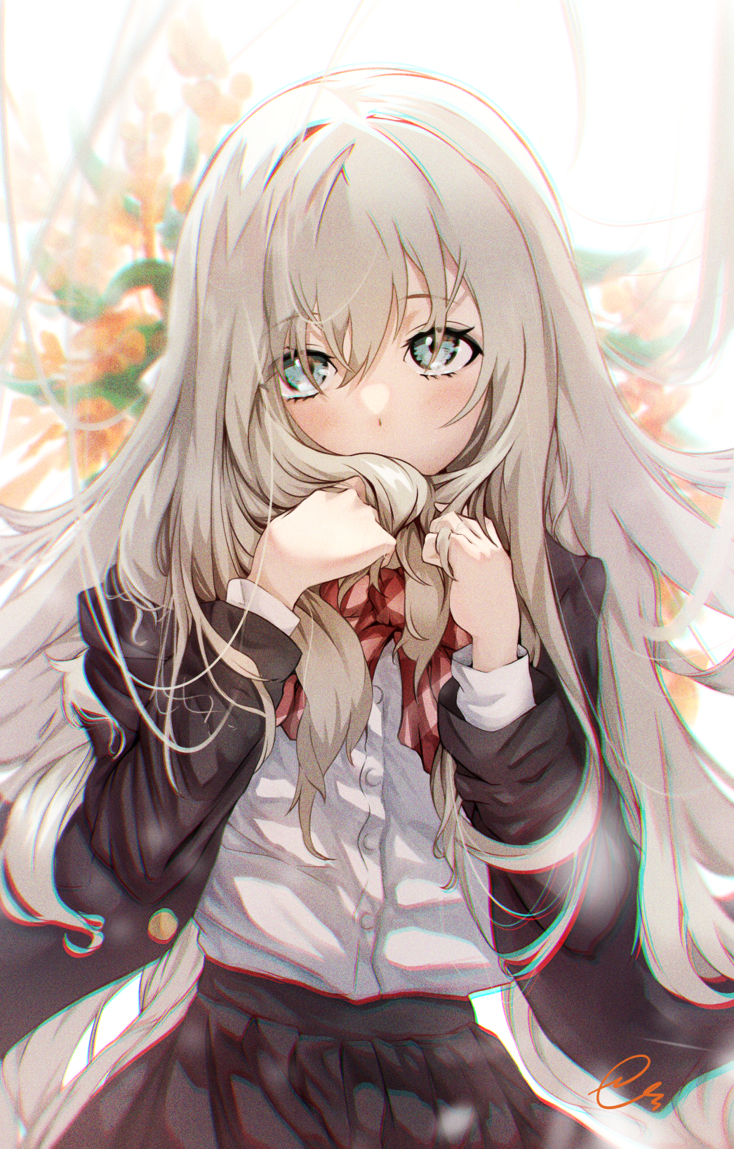 1girl, akebi-chan_no_serafuku, bangs, black_jacket, black_skirt, blazer, blue_eyes, blurry, blurry_background, collared_shirt, commentary_request, covering_mouth, eyebrows_visible_through_hair, flower, flower_request, grey_hair, hair_between_eyes, hair_over_eyes, hair_over_mouth, highres, hiraiwa_hotaru, jacket, long_hair, open_clothes, open_jacket, pleated_skirt, red_ribbon, ribbon, roubai_academy_school_uniform_(new), ruffling_hair, school_uniform, semino_hazuki, shirt, signature, skirt, solo, striped, striped_ribbon, upper_body, very_long_hair, white_background, white_shirt