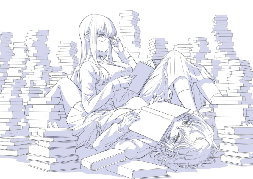 2girls, asahina_yuni, book, glasses, greyscale, highres, holding, holding_book