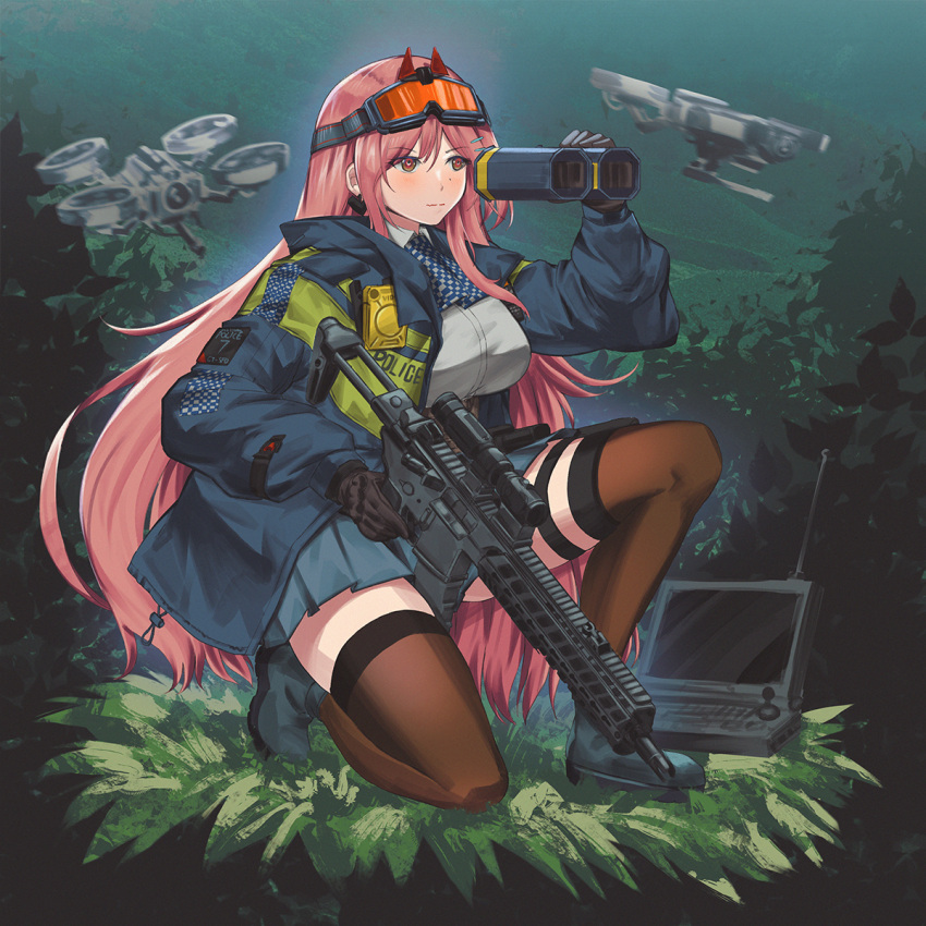 1girl, assault_rifle, binoculars, black_legwear, blue_jacket, breasts, commission, drone