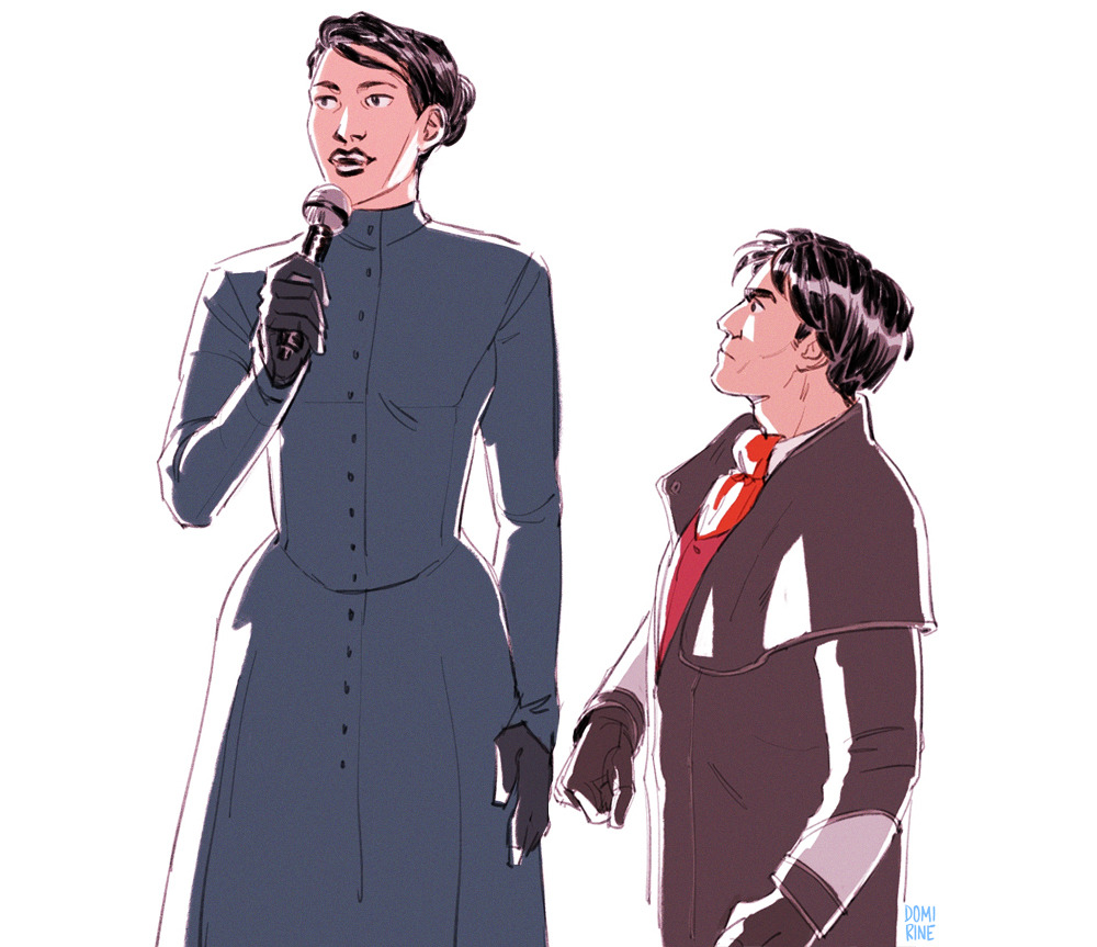 1man, 1woman, aglaya_lilich, bachelor, black_gloves, black_hair, black_jacket, blue_jacket, daniil_dankovsky, domirine, dress_shirt, inquisitor_(pathologic), leather, leather_gloves, leather_jacket, meme, microphone, pathologic, pathologic_2, red_ascot, red_vest, short_hair, short_male, tall_female, white_shirt
