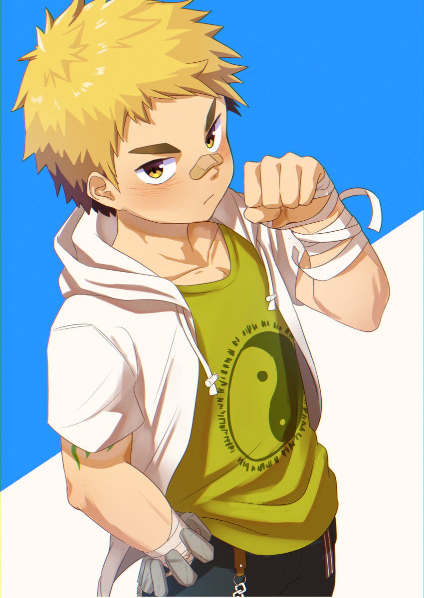 1boy, absurdres, arm_tattoo, bandaid, bandaid_on_face, bandaid_on_nose, blonde_hair, blush