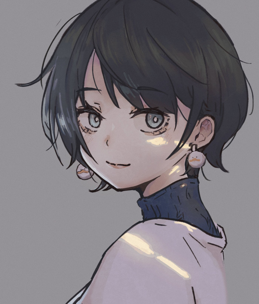 1girl, black_hair, blue_eyes, blue_sweater, bright_pupils, commentary_request, duck_earrings, earrings