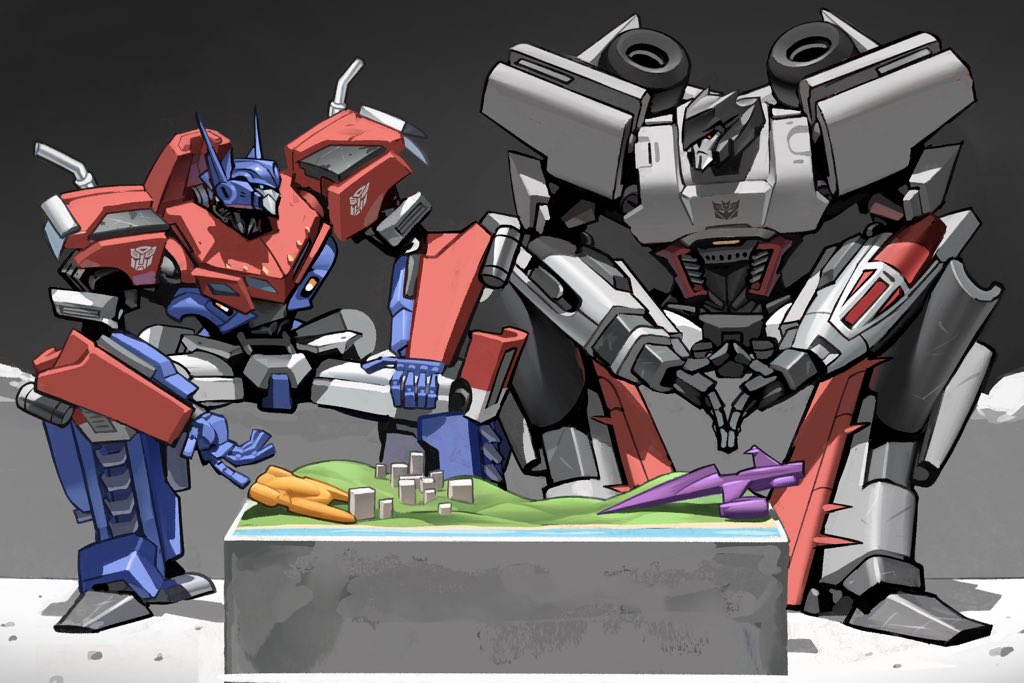 2boys, ark_(transformers), autobot, blue_eyes, decepticon, english_commentary, mecha, megatron