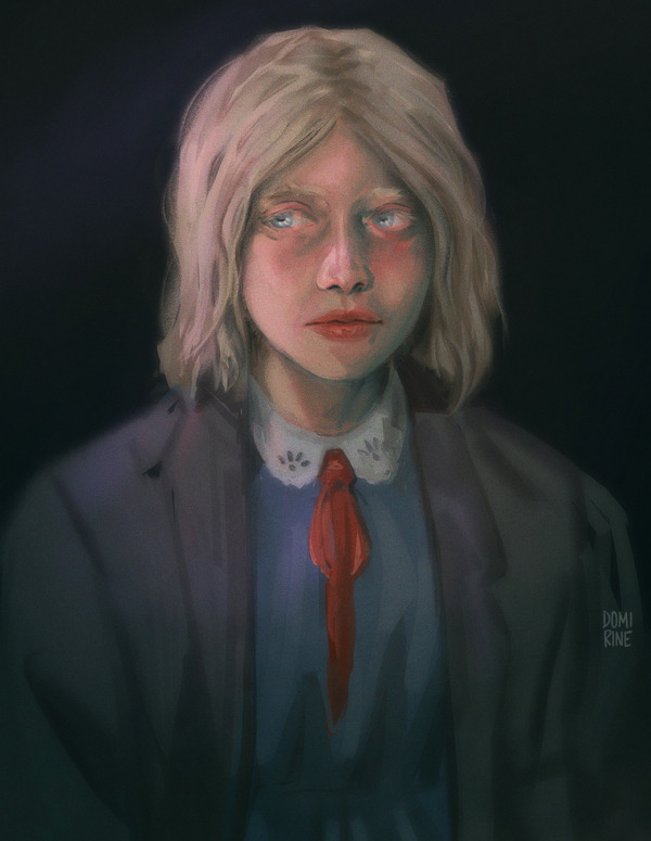 1girl, blue_dress, domirine, grace_(pathologic), grey_jacket, lace_collar, pale_skin, pathologic