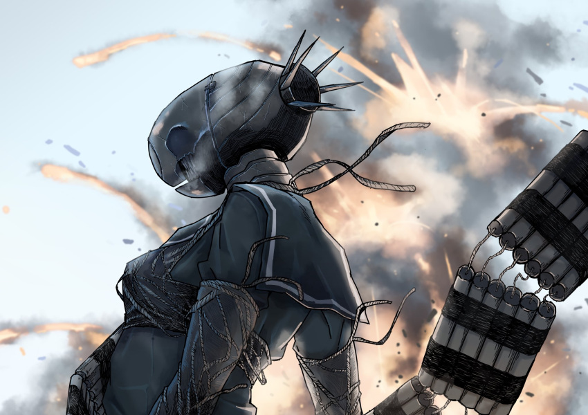 1girl, black_shirt, bomb, bomb_devil, chainsaw_man, day, dust, dynamite