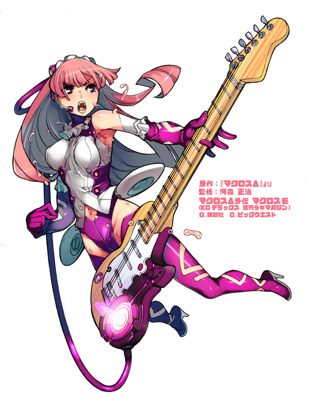1girl, bangs, boots, breasts, copyright_name, covered_nipples, elbow_gloves, floating_hair, gloves, guitar, high_heel_boots, high_heels, holding, holding_instrument, ichimonji_kei, instrument, long_hair, macross, macross_delta, macross_e, medium_breasts, navel, official_art, pink_hair, pirika_polywanov, purple_footwear, purple_gloves, solo, thigh-highs, thigh_boots, white_background