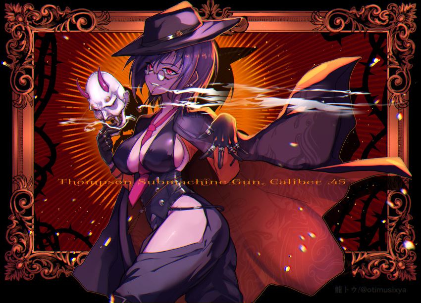 1girl, absurdres, bangs, between_breasts, black_cape, black_gloves, black_headwear, black_pants