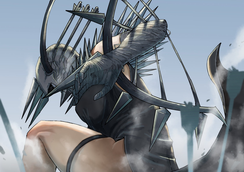 1girl, arrow_(projectile), black_dress, chainsaw_man, crossbow_devil_(chainsaw_man), day, dress, dust