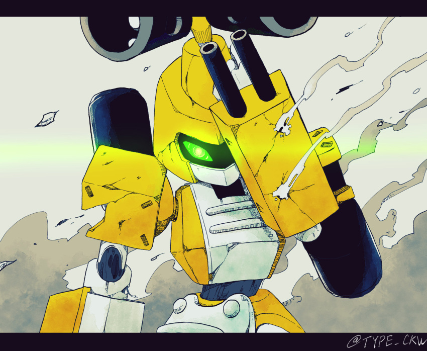 damaged, glowing, glowing_eye, green_eyes, hand_over_eye, head_tilt, highres, humanoid_robot