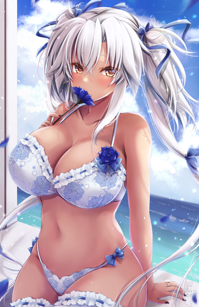 1girl, absurdres, black_nails, blue_flower, blue_ribbon, blue_rose, blue_sky, bra