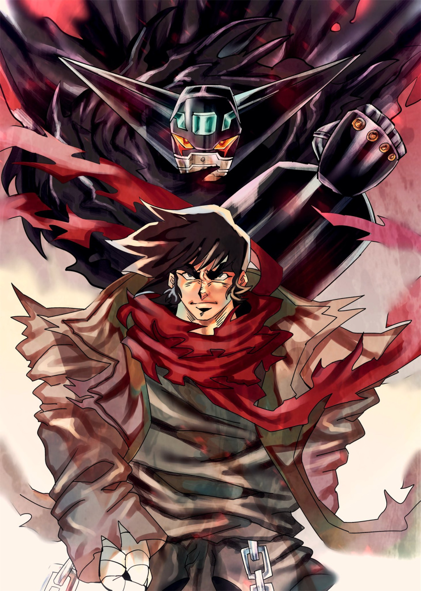 1boy, bandaged_hand, bandages, black_eyes, black_getter, black_hair, black_pants, black_scarf