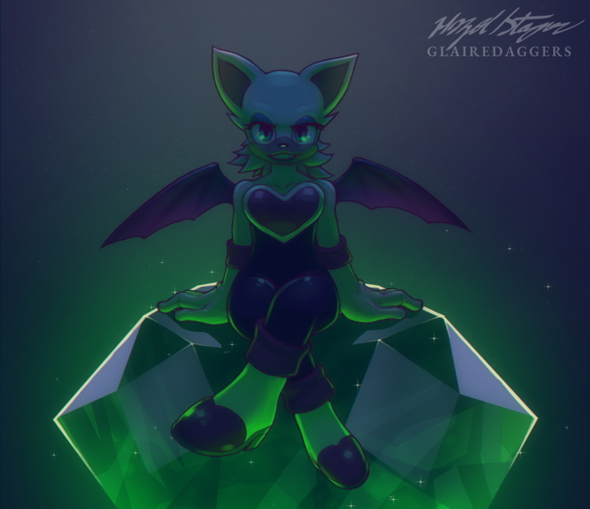 1girl, animal_ears, animal_nose, arms_at_sides, artist_name, bare_shoulders, bat_ears, bat_girl, bat_wings, black_bodysuit, blue_background, blue_eyeshadow, body_fur, bodysuit, boots, chaos_emerald, chromatic_aberration, collarbone, commentary, crossed_legs, english_commentary, eyeshadow, fangs, full_body, furry, furry_female, gem, glairedaggers, gloves, glowing, green_eyes, green_gemstone, grin, half-closed_eyes, happy, high_heels, knee_boots, looking_at_viewer, makeup, master_emerald, purple_wings, rouge_the_bat, short_hair, signature, simple_background, sitting, smile, solo, sonic_(series), sparkle, straight-on, teeth, underlighting, watermark, white_footwear, white_fur, white_gloves, white_hair, wings