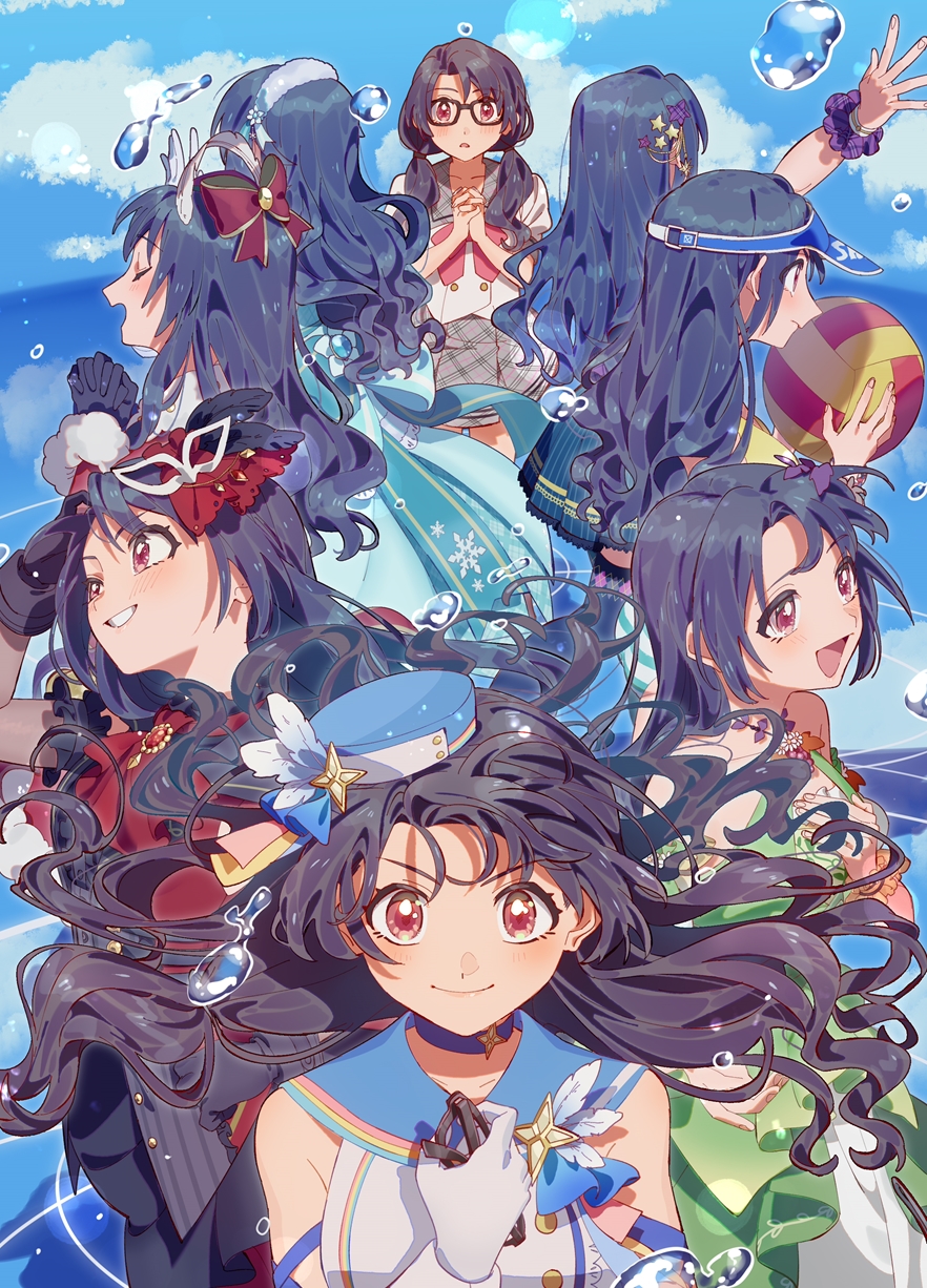 1girl, bangs, black_gloves, black_hair, bow, dress, eyewear_removed, glasses, gloves, hair_bow, hat, highres, hoyaza1561, idol, idolmaster, idolmaster_million_live!, idolmaster_million_live!_theater_days, long_hair, looking_at_viewer, low_twintails, mask, mask_on_head, multiple_persona, open_mouth, red_eyes, school_uniform, smile, solo, takayama_sayoko, twintails, visor_cap, volleyball, water