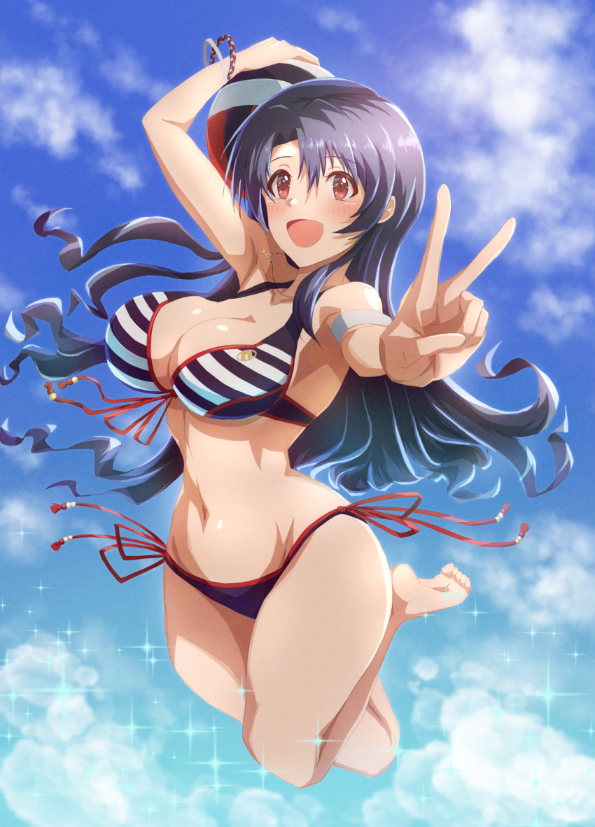 1girl, bangs, barefoot, bikini, black_hair, breasts, clouds, cloudy_sky, full_body, highres, idolmaster, idolmaster_million_live!, idolmaster_million_live!_theater_days, jewelry, kakiken, large_breasts, long_hair, looking_at_viewer, navel, necklace, open_mouth, red_eyes, sky, smile, solo, sparkle, striped, striped_bikini, swimsuit, takayama_sayoko, v, volleyball