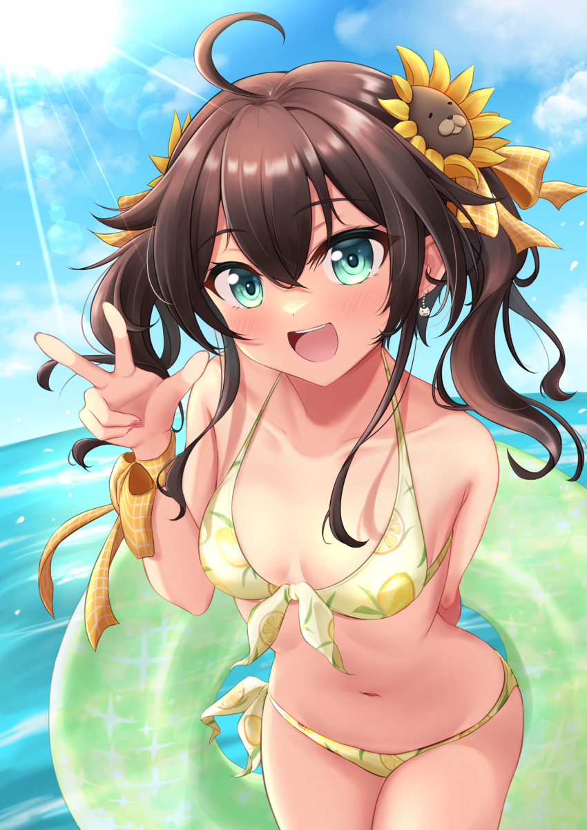 1girl, absurdres, ahoge, bikini, blue_eyes, blue_sky, breasts, brown_hair