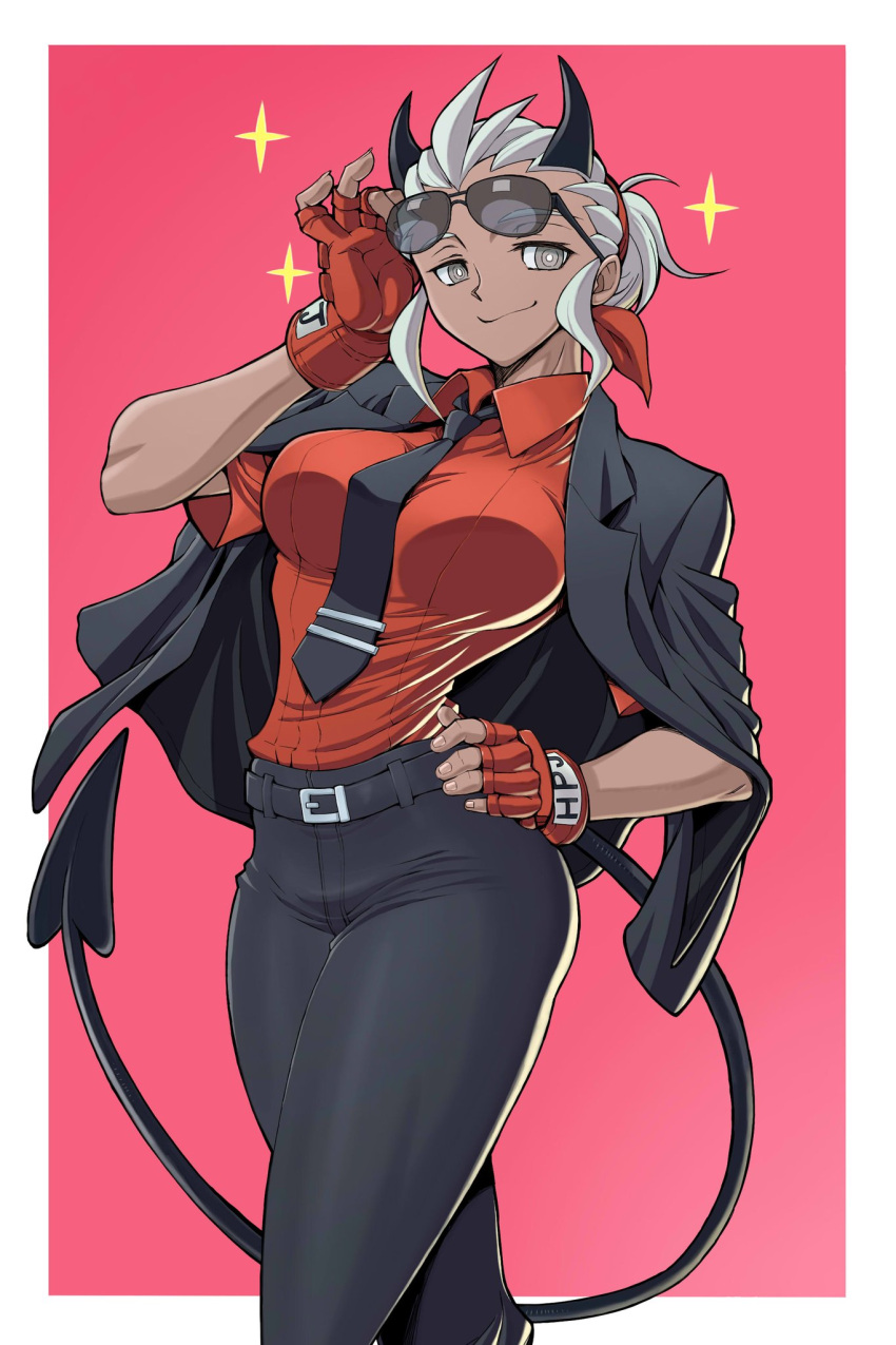 1girl, black_horns, black_jacket, black_necktie, black_pants, black_tail, blind, breasts, commentary_request, cowboy_shot, demon_girl, demon_horns, demon_tail, eyewear_on_head, fingerless_gloves, gloves, hairband, hand_on_hip, helltaker, highres, holding, holding_eyewear, horns, jacket, jacket_on_shoulders, justice_(helltaker), kasaki_yoshihiko, large_breasts, looking_at_viewer, necktie, pants, red_gloves, red_shirt, shirt, short_hair, short_sleeves, simple_background, smile, solo, sparkle, sunglasses, tail, tie_clip, white_eyes, white_hair