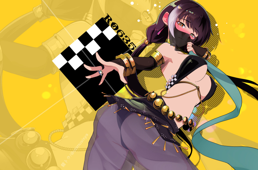 1girl, absurdres, alternate_costume, ass, bangs, black_hair, black_panties, black_skirt, black_veil, blush, bracelet, bracer, breasts, character_name, closed_mouth, commission, covered_nipples, dancer, eyebrows_visible_through_hair, feet_out_of_frame, girls_frontline, hair_ornament, hairclip, heterochromia, highres, jewelry, long_hair, looking_at_viewer, looking_to_the_side, medium_breasts, miniskirt, mouth_veil, multicolored_hair, panties, pixiv_request, red_eyes, ring, ro635_(girls'_frontline), ryuu_tou, skirt, solo, standing, streaked_hair, thighs, under_boob, underwear, veil, yellow_eyes