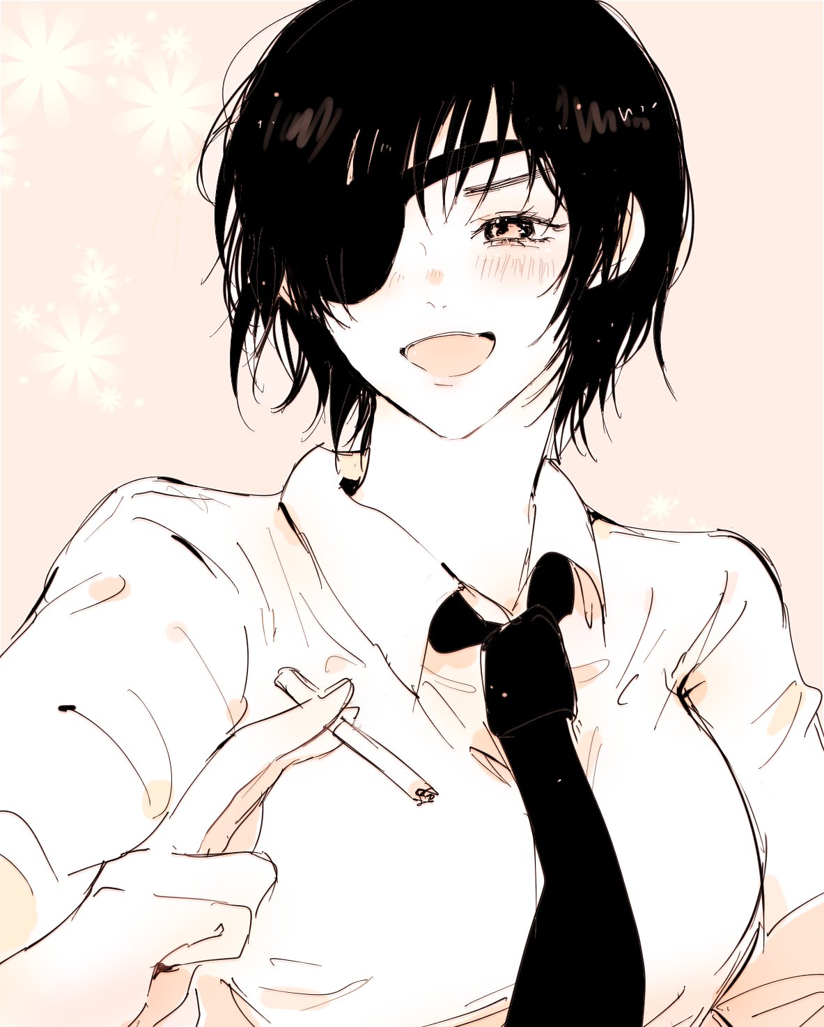 1girl, bangs, black_hair, black_necktie, blush, chainsaw_man, cigarette, eyepatch