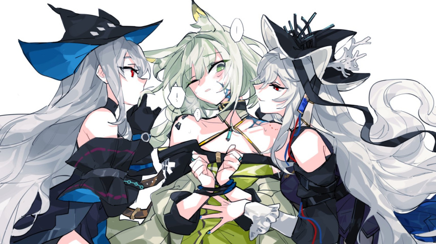 ..., 3girls, animal_ear_fluff, animal_ears, arknights, bare_shoulders, bite_mark, black_gloves
