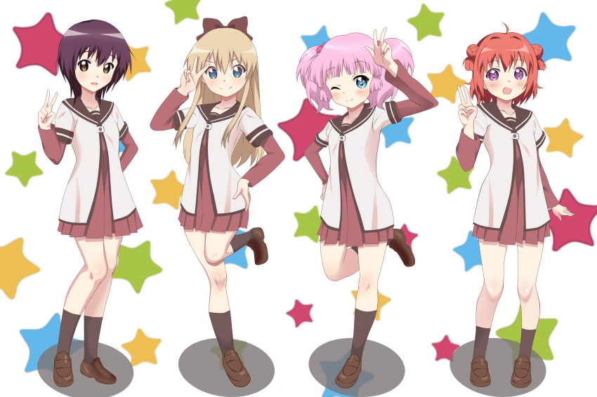 4girls, absurdres, achmad_faisal, akaza_akari, black_hair, blonde_hair, blue_eyes, blush