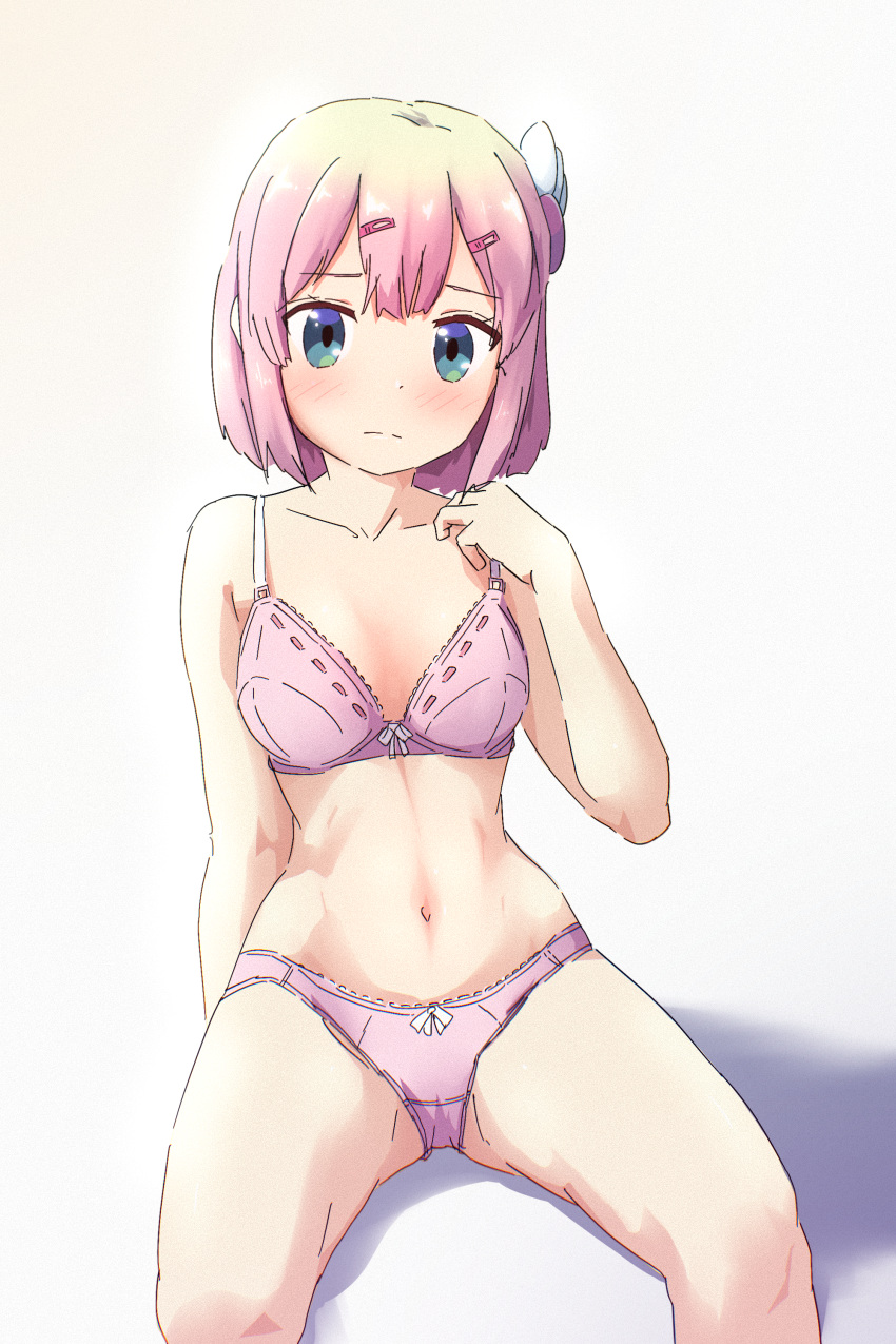 1girl, absurdres, blue_eyes, blush, bra, breasts, chiyoda_momo, closed_mouth
