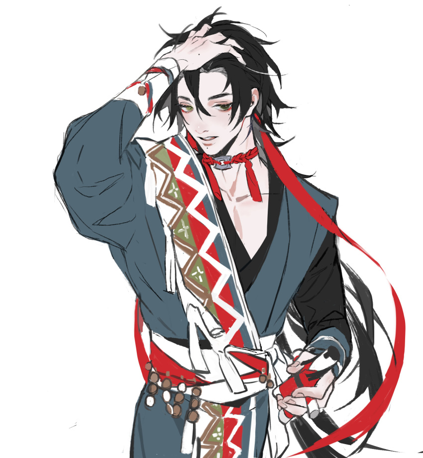 1boy, absurdres, black_hair, blue_robe, coin_(ornament), cowboy_shot, doll, elrohirz, eyelashes, green_eyes, hair_between_eyes, hair_ribbon, hand_in_own_hair, hand_on_own_head, hand_up, highres, holding, holding_doll, jewelry, long_hair, long_sleeves, looking_at_viewer, male_focus, mole, mole_on_hand, mole_under_eye, mole_under_mouth, necklace, original, pectoral_cleavage, pectorals, red_ribbon, ribbon, sash, simple_background, sketch, solo, tassel, white_background